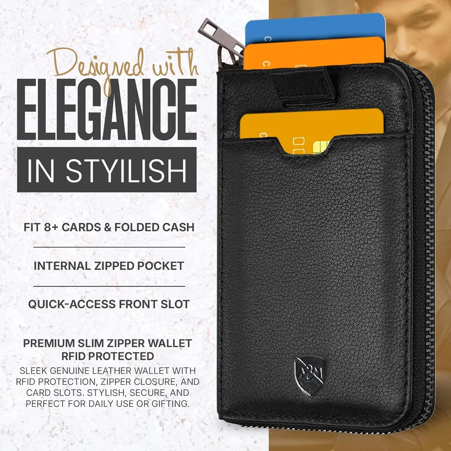 ALLEN & MATE Slim Wallet for Men  RFID Blocking Leather Wallet with Zipper, Minimalist Front Pocket Bifold, Holds 8 Cards  Gift for Men & Women (Black)