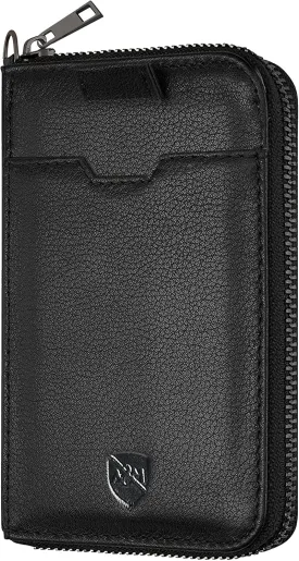 ALLEN & MATE Slim Wallet for Men  RFID Blocking Leather Wallet with Zipper, Minimalist Front Pocket Bifold, Holds 8 Cards  Gift for Men & Women (Black)