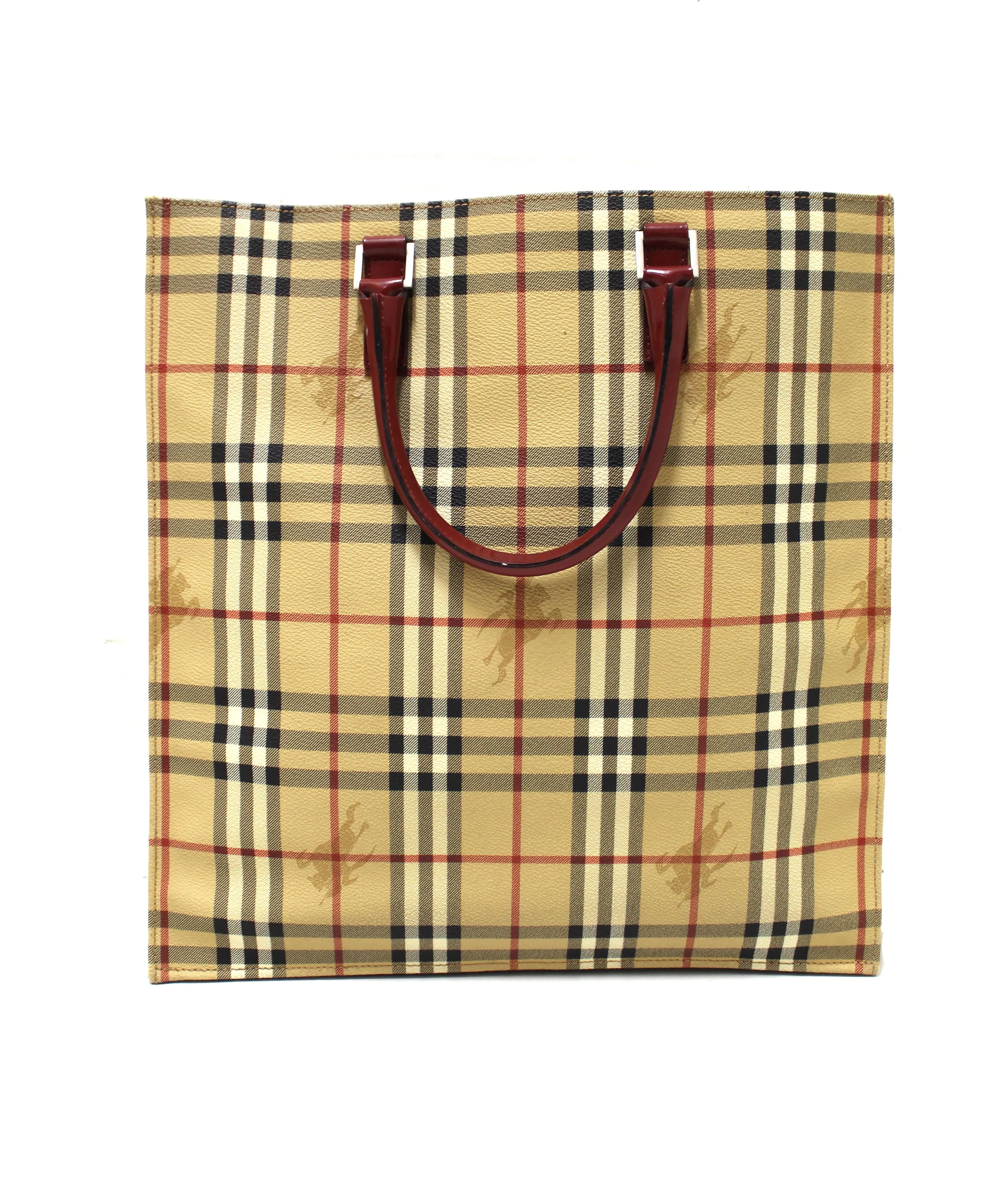 Authentic Burberry Beige Calfskin Grain Check Tote Shopper Bag
