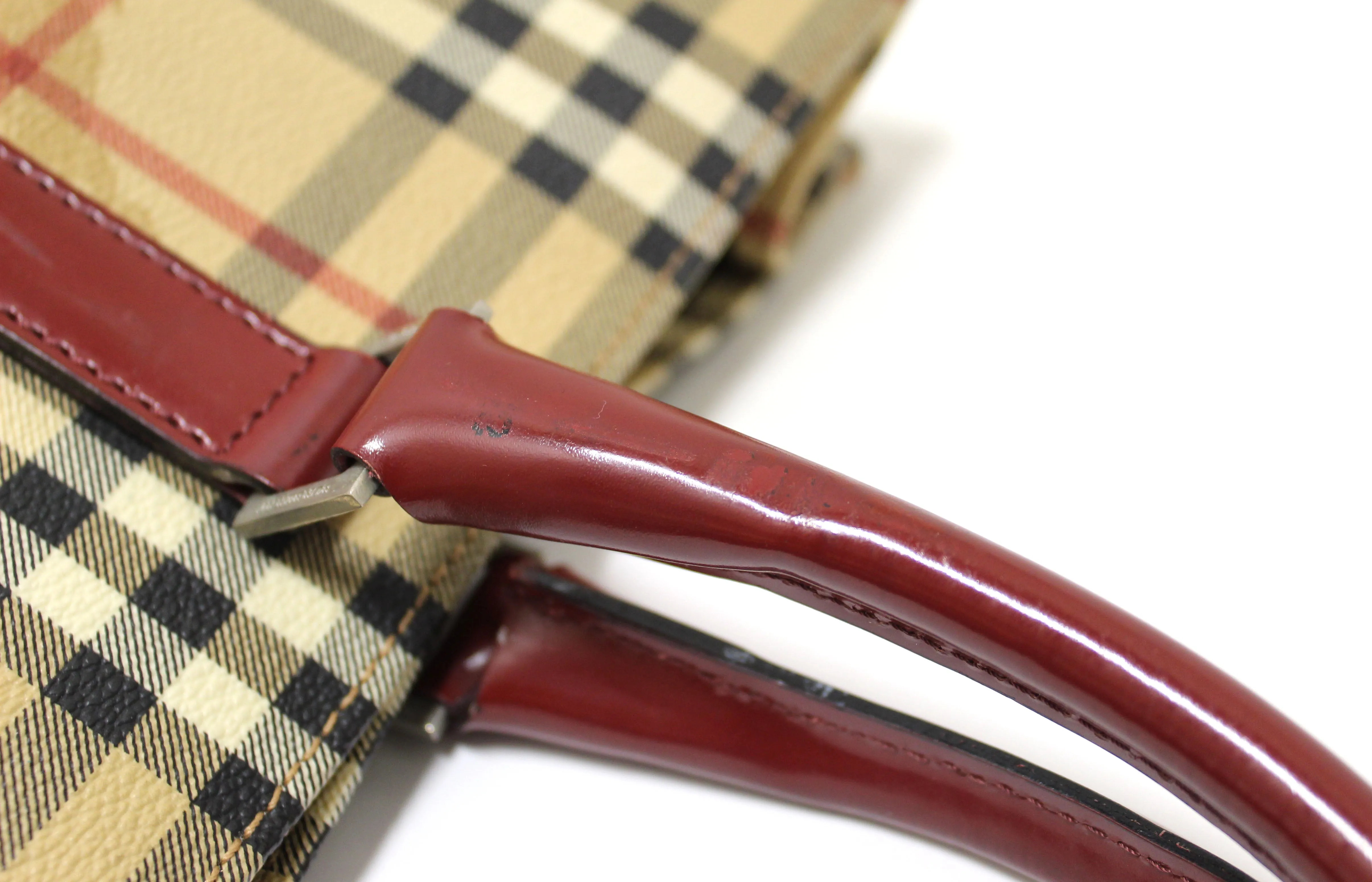 Authentic Burberry Beige Calfskin Grain Check Tote Shopper Bag