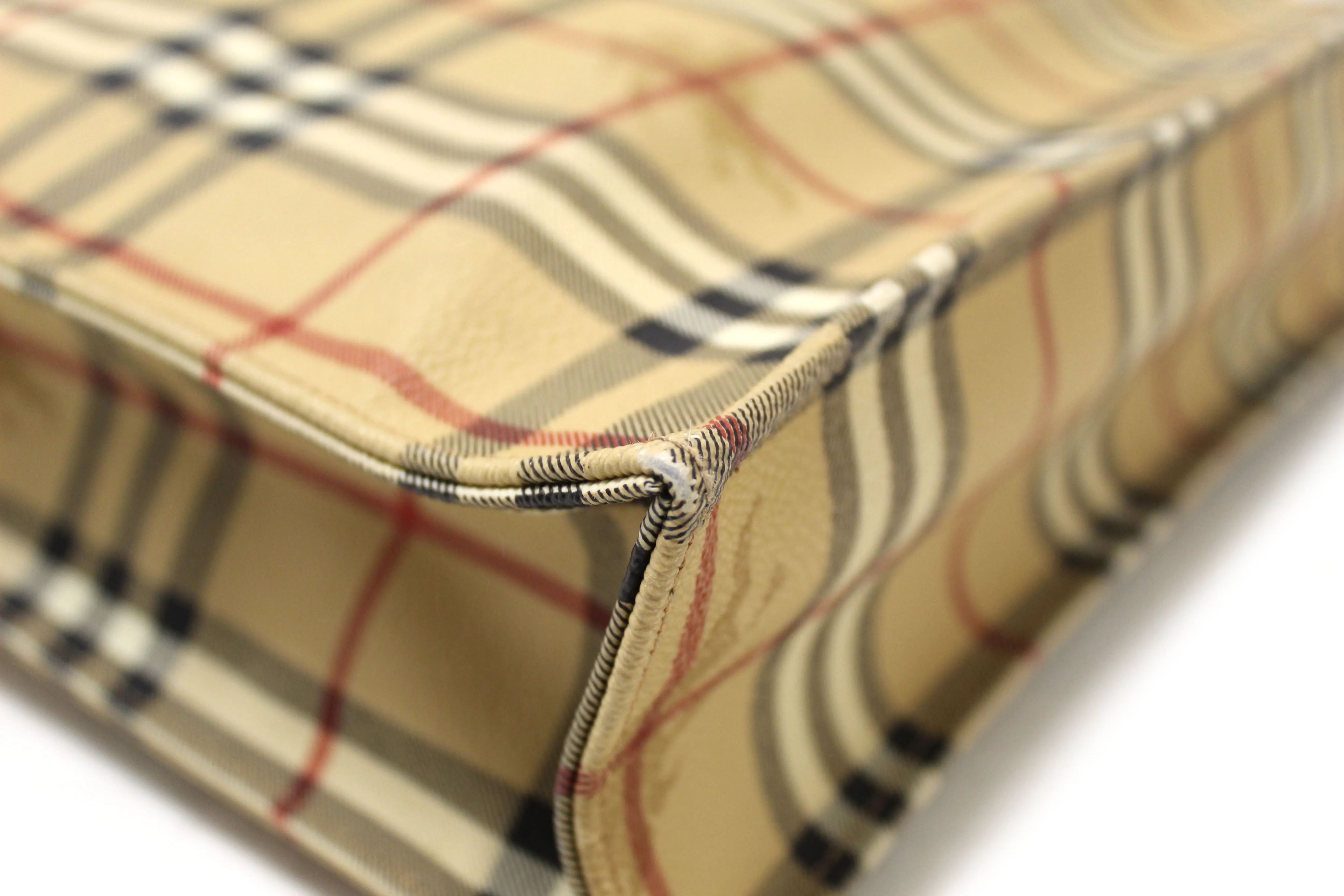 Authentic Burberry Beige Calfskin Grain Check Tote Shopper Bag