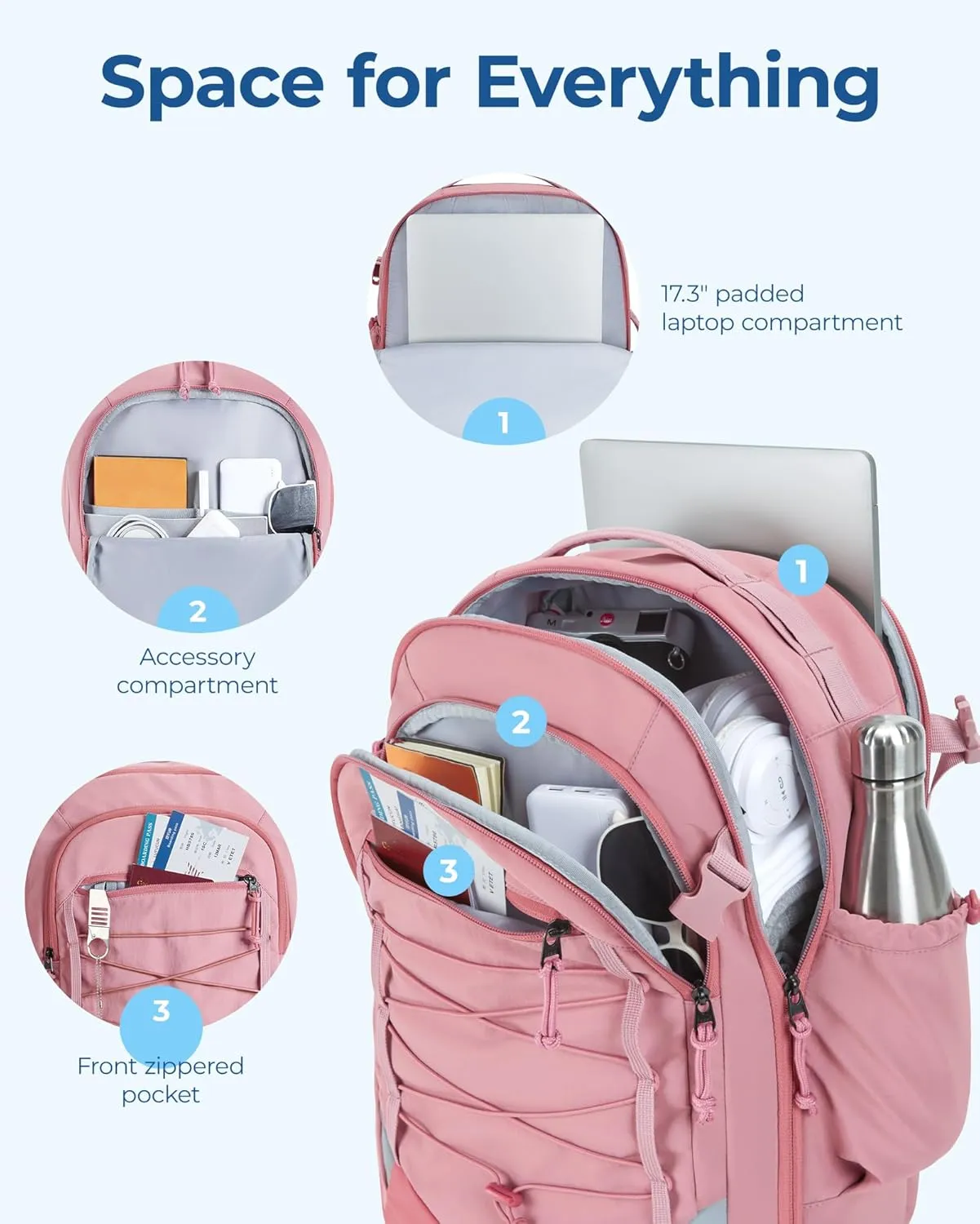 BAGSMART Carry On Travel Backpack, 17.3 Inch Large Travel backpack Carry On Flight Approved, Personal Item Backpack Travel Bag With Shoe Bag, 30L Water Resistant Casual Daypack, Pink