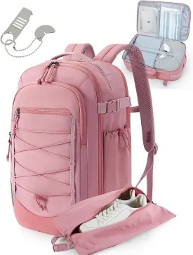 BAGSMART Carry On Travel Backpack, 17.3 Inch Large Travel backpack Carry On Flight Approved, Personal Item Backpack Travel Bag With Shoe Bag, 30L Water Resistant Casual Daypack, Pink
