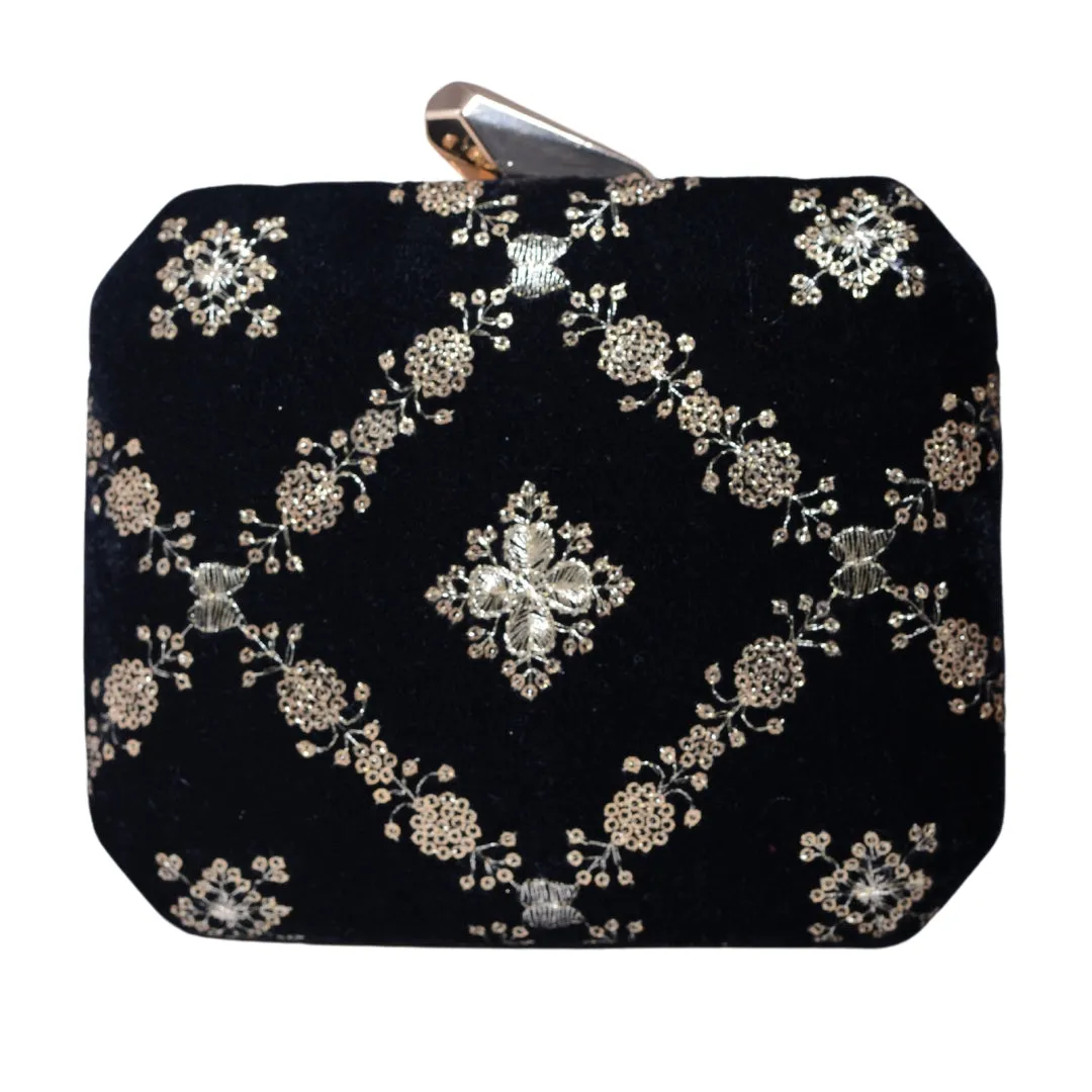 Black And Golden Sequins Embroidery Party Clutch