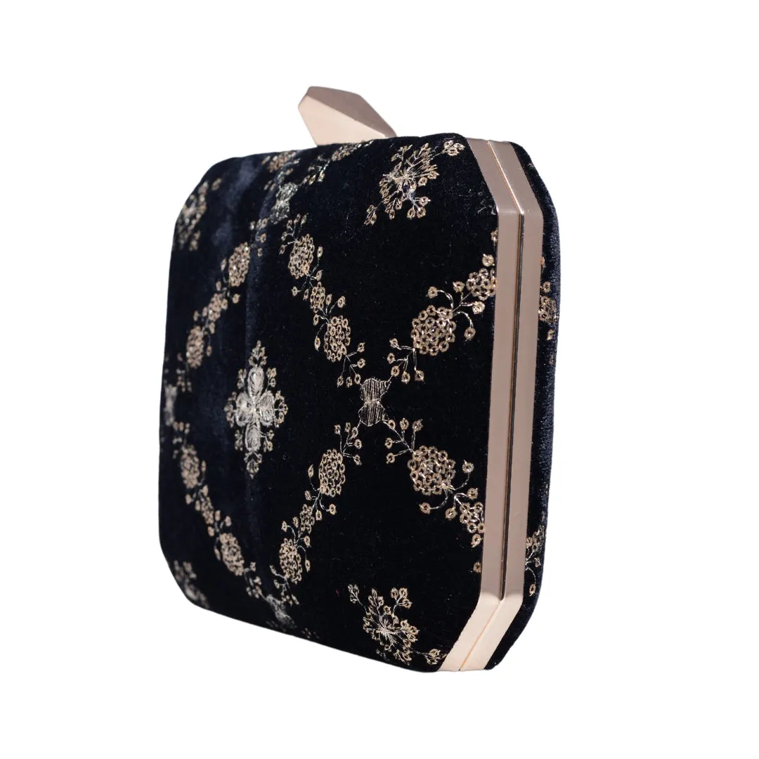 Black And Golden Sequins Embroidery Party Clutch