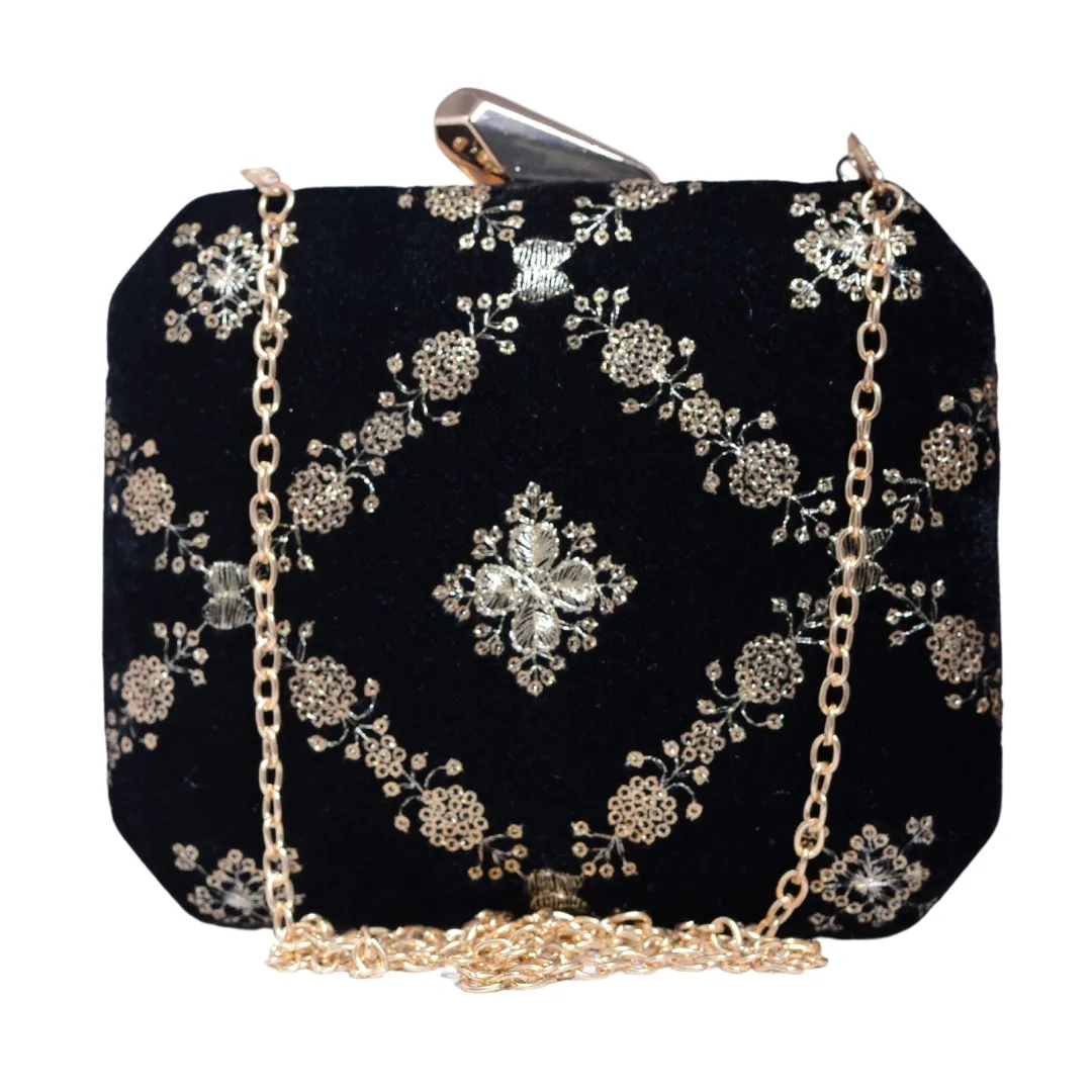 Black And Golden Sequins Embroidery Party Clutch