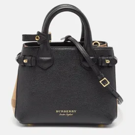 Black/Beige House Check Fabric and Leather Mini Banner Tote