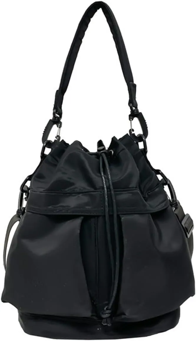 Bucket Shoulder Bags Drawstring Bucket Bag for Women Super Lightweight Nylon Crossbody Bag Tote Handbags for Travel Hiking (Black)