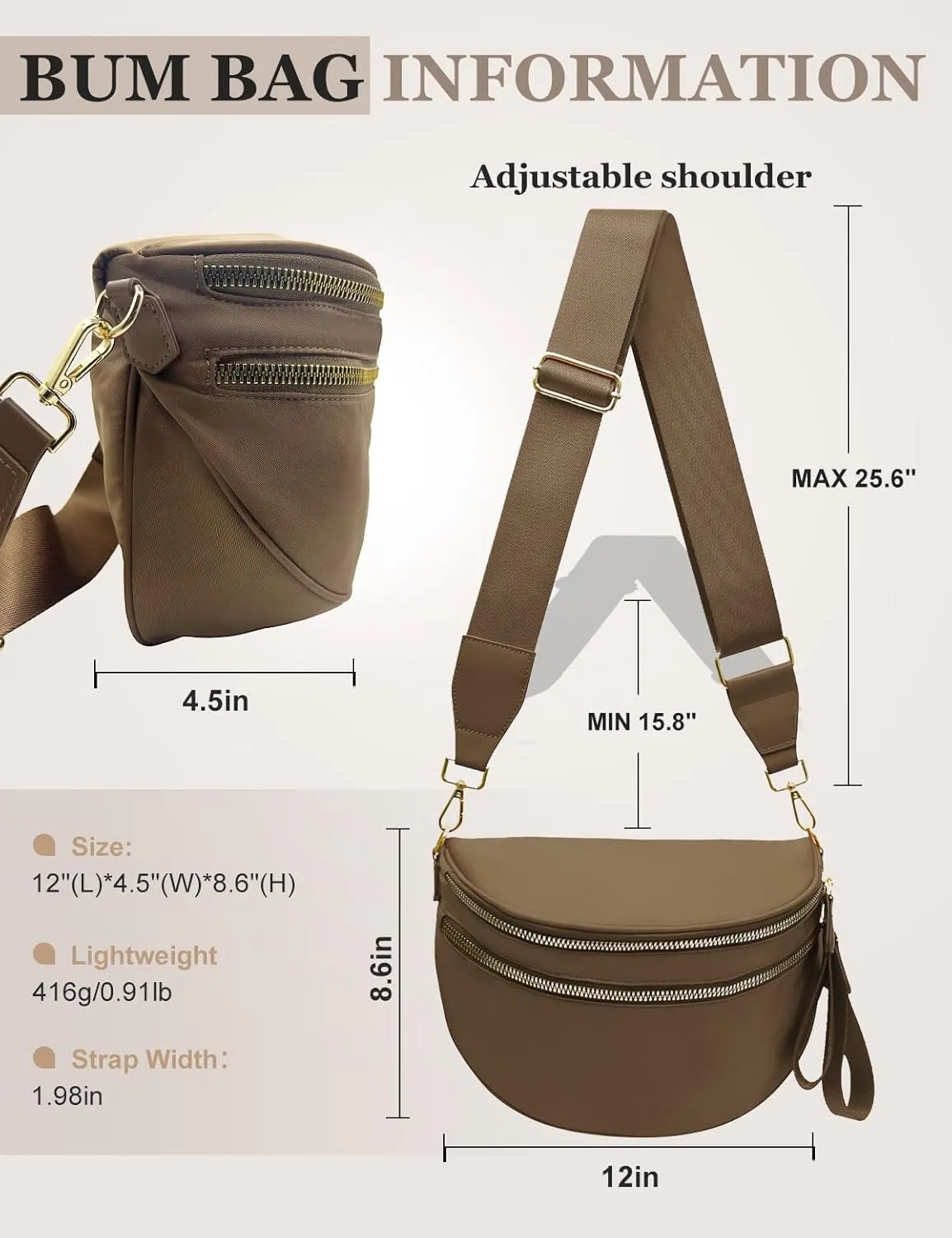 Bum Bags for Women Nylon Crossbody Bag, Spacious Fanny Packs Belt Bag Large Sling Bag with Adjustable Strap (Khaki)