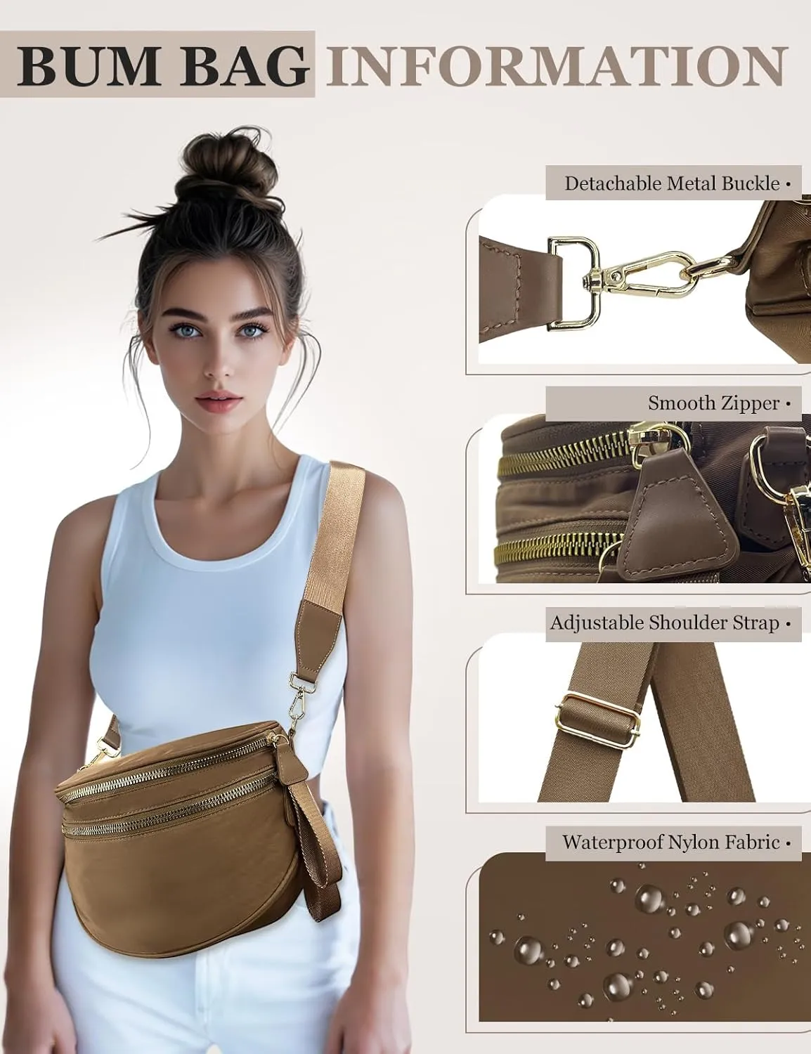 Bum Bags for Women Nylon Crossbody Bag, Spacious Fanny Packs Belt Bag Large Sling Bag with Adjustable Strap (Khaki)