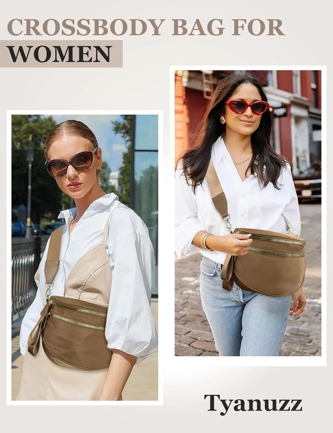 Bum Bags for Women Nylon Crossbody Bag, Spacious Fanny Packs Belt Bag Large Sling Bag with Adjustable Strap (Khaki)