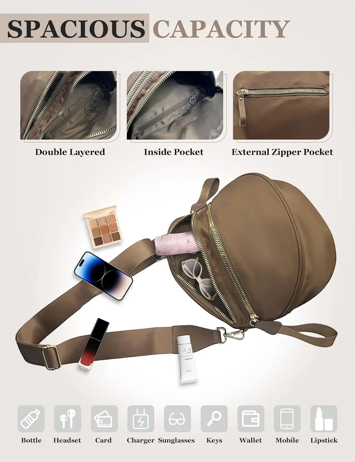 Bum Bags for Women Nylon Crossbody Bag, Spacious Fanny Packs Belt Bag Large Sling Bag with Adjustable Strap (Khaki)