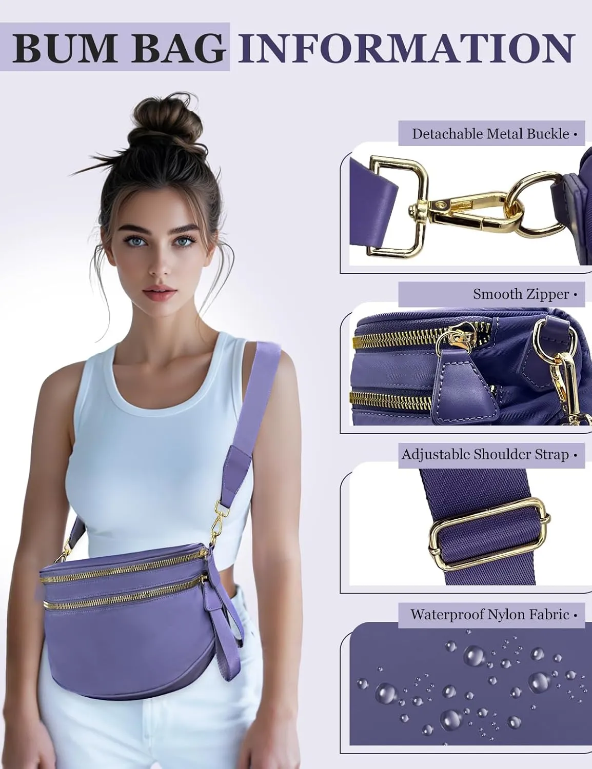 Bum Bags for Women Nylon Crossbody Bag, Spacious Fanny Packs Belt Bag Large Sling Bag with Adjustable Strap (Purple)