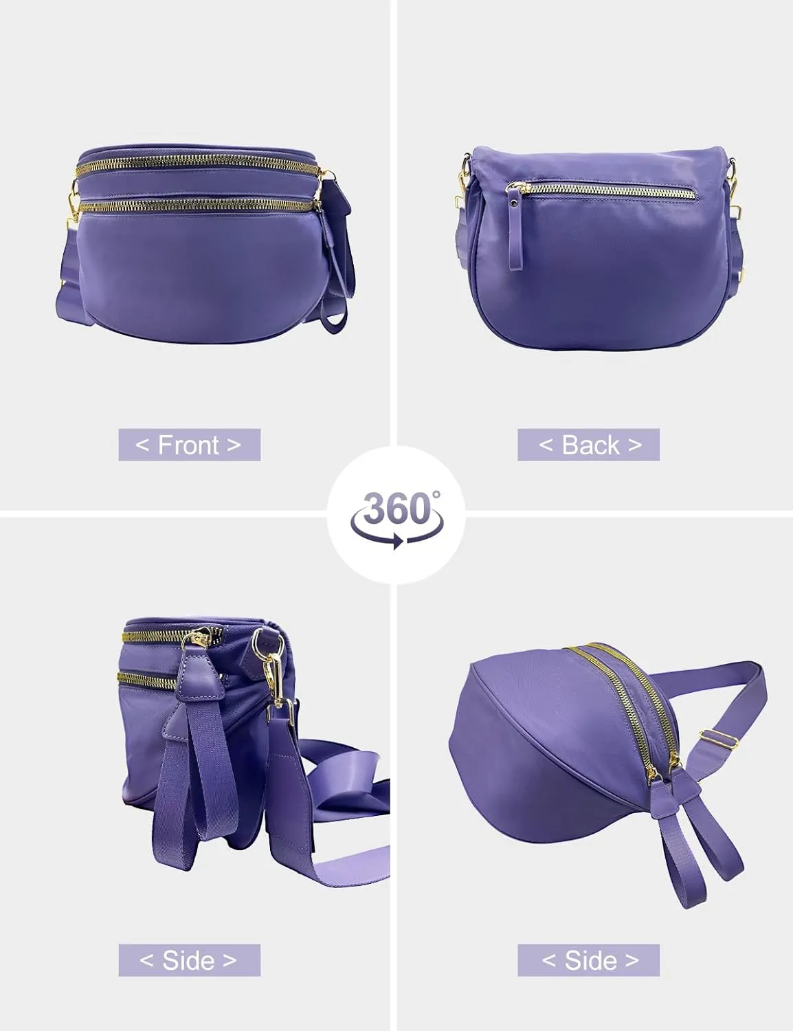 Bum Bags for Women Nylon Crossbody Bag, Spacious Fanny Packs Belt Bag Large Sling Bag with Adjustable Strap (Purple)