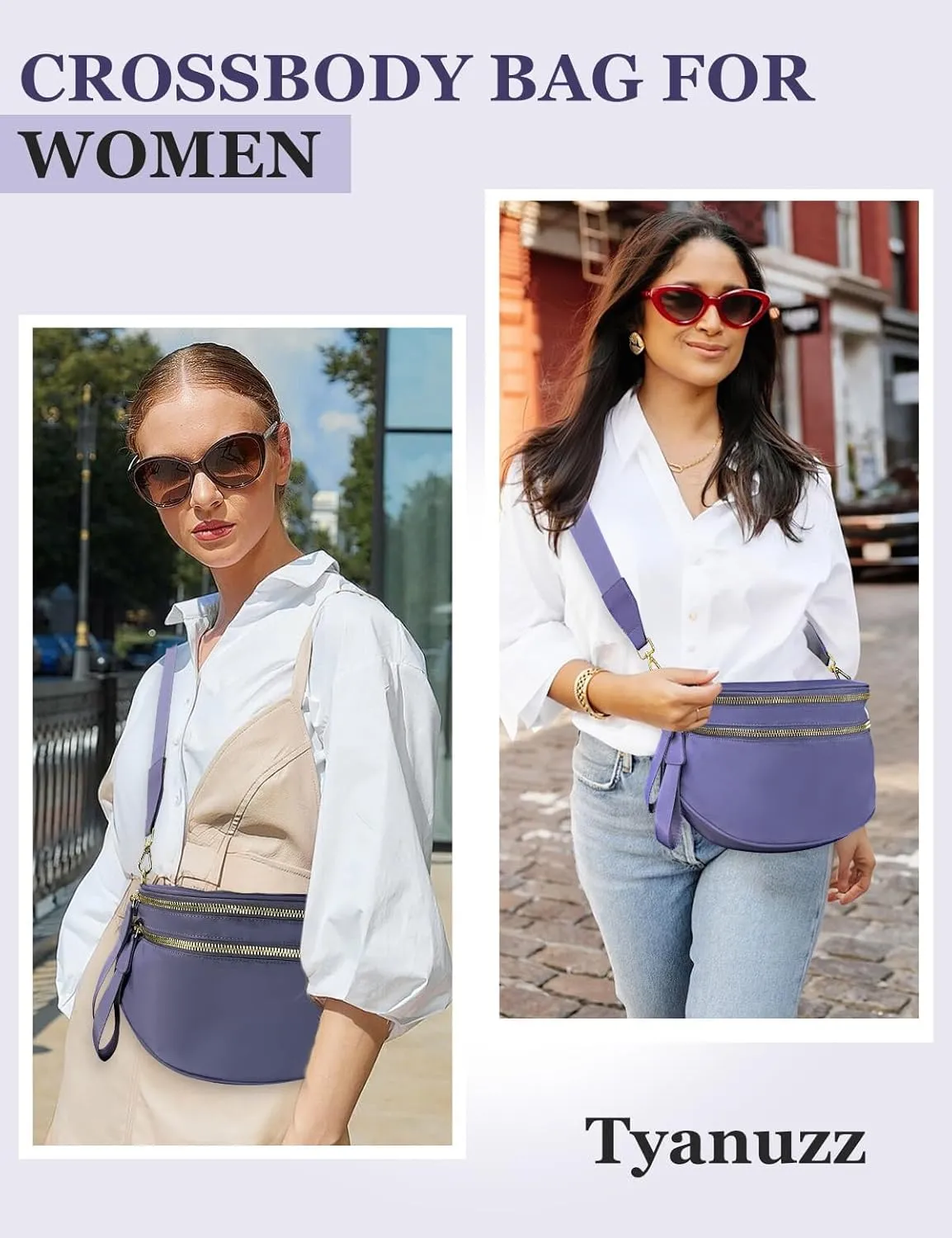 Bum Bags for Women Nylon Crossbody Bag, Spacious Fanny Packs Belt Bag Large Sling Bag with Adjustable Strap (Purple)