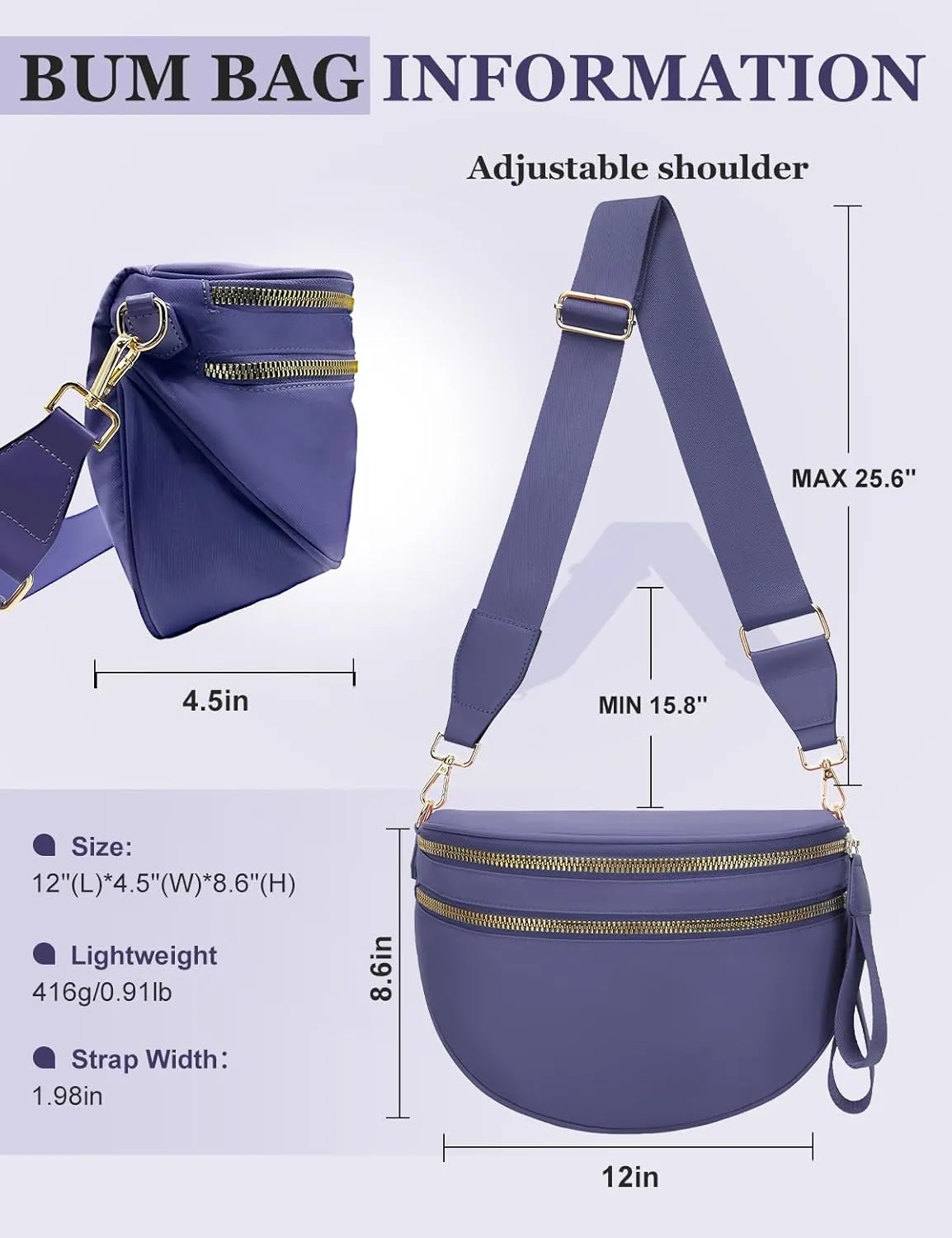 Bum Bags for Women Nylon Crossbody Bag, Spacious Fanny Packs Belt Bag Large Sling Bag with Adjustable Strap (Purple)
