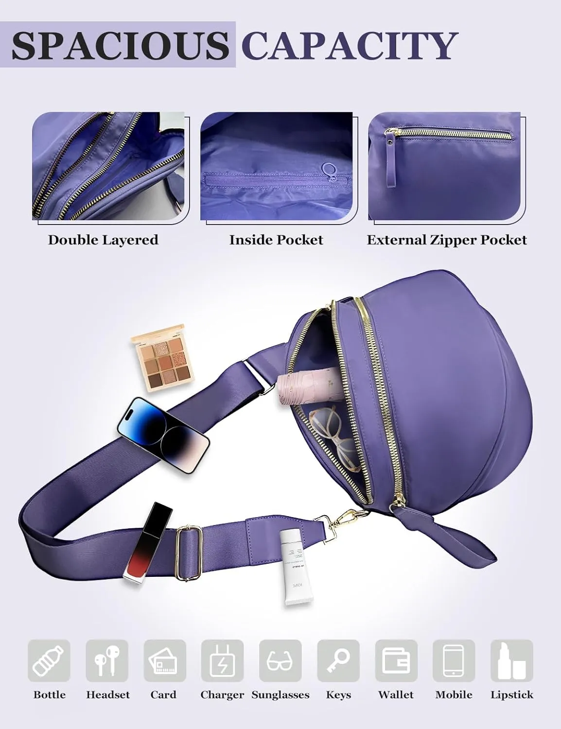 Bum Bags for Women Nylon Crossbody Bag, Spacious Fanny Packs Belt Bag Large Sling Bag with Adjustable Strap (Purple)