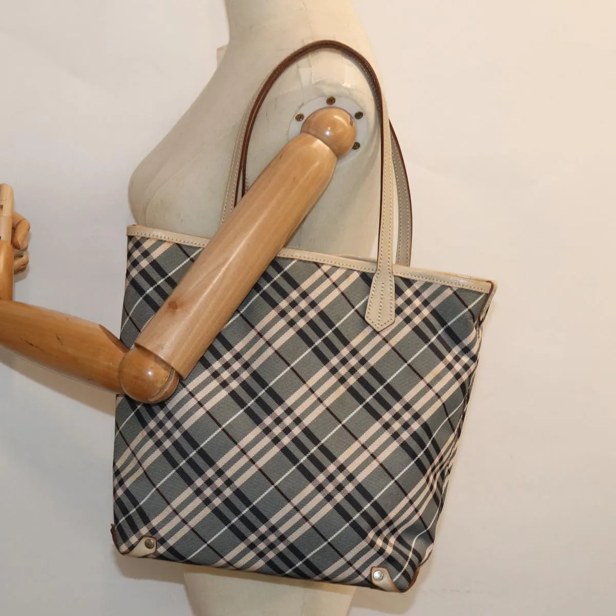 BURBERRY Nova Check Blue Label Tote Bag Canvas Beige Navy  bs15727