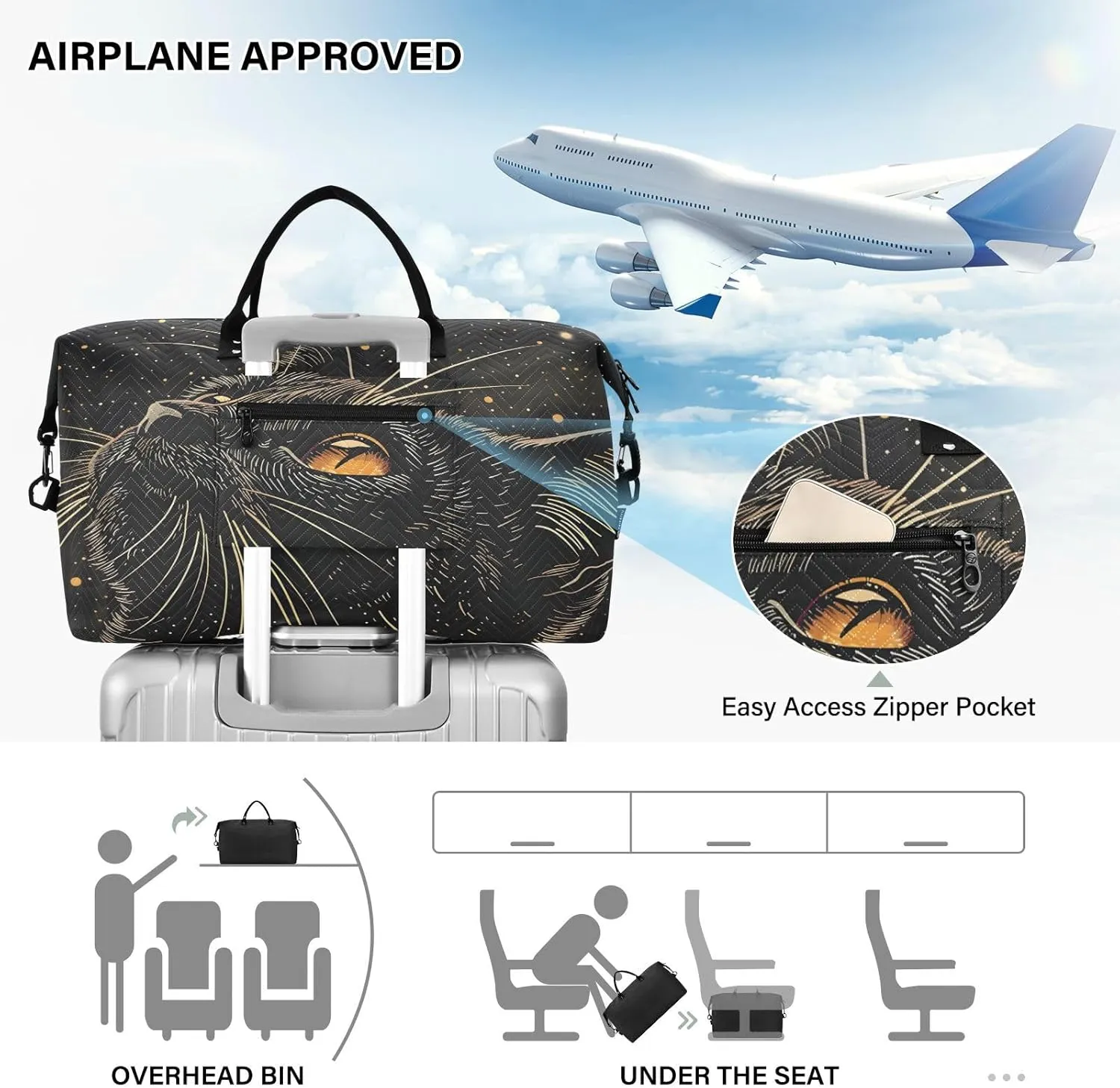 Cat Travel Duffle Bag Gym Bag, Starry Black Cat Weekender Bags for Women with Toiletry Bag Travel Tote Bag Swim Bag