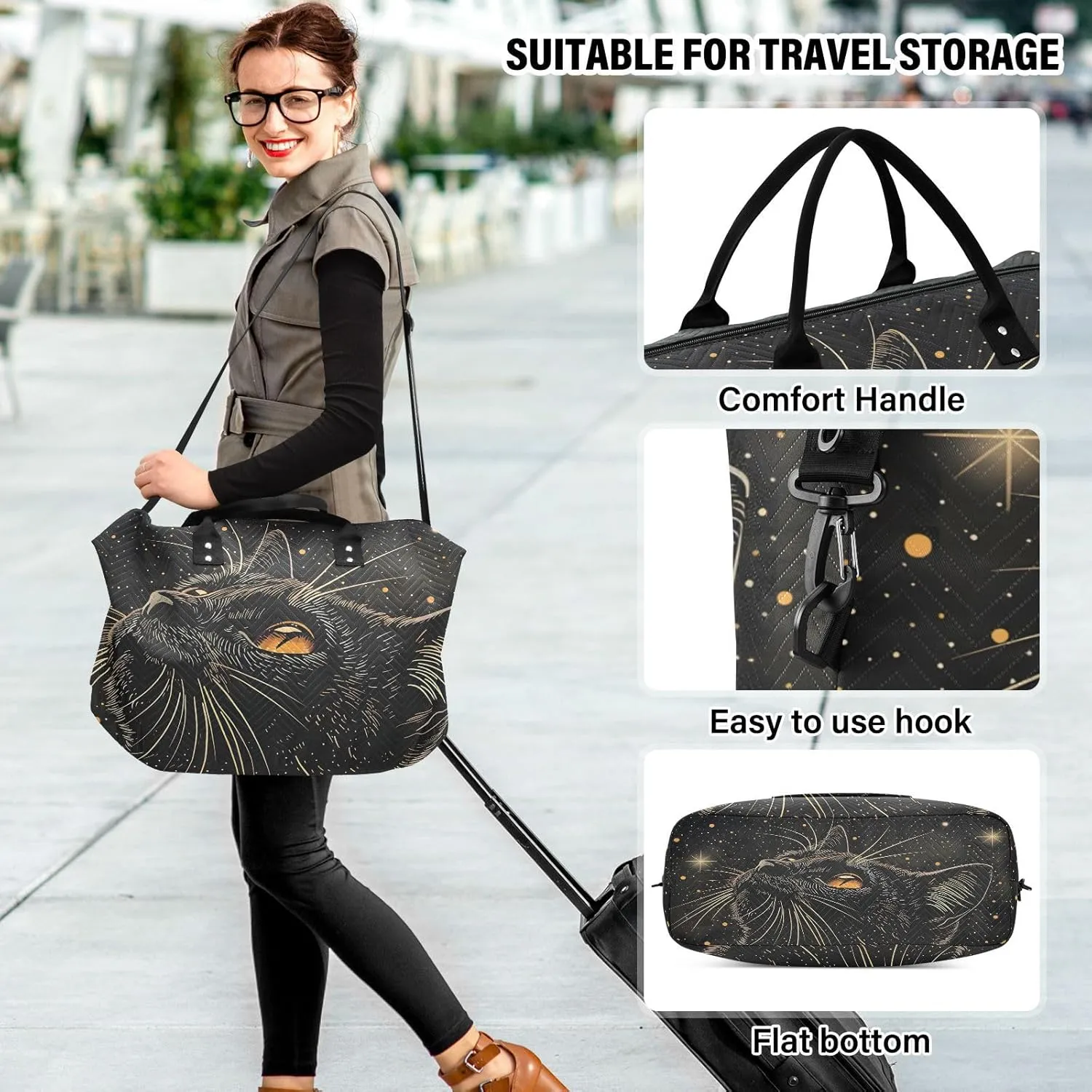 Cat Travel Duffle Bag Gym Bag, Starry Black Cat Weekender Bags for Women with Toiletry Bag Travel Tote Bag Swim Bag