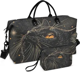 Cat Travel Duffle Bag Gym Bag, Starry Black Cat Weekender Bags for Women with Toiletry Bag Travel Tote Bag Swim Bag