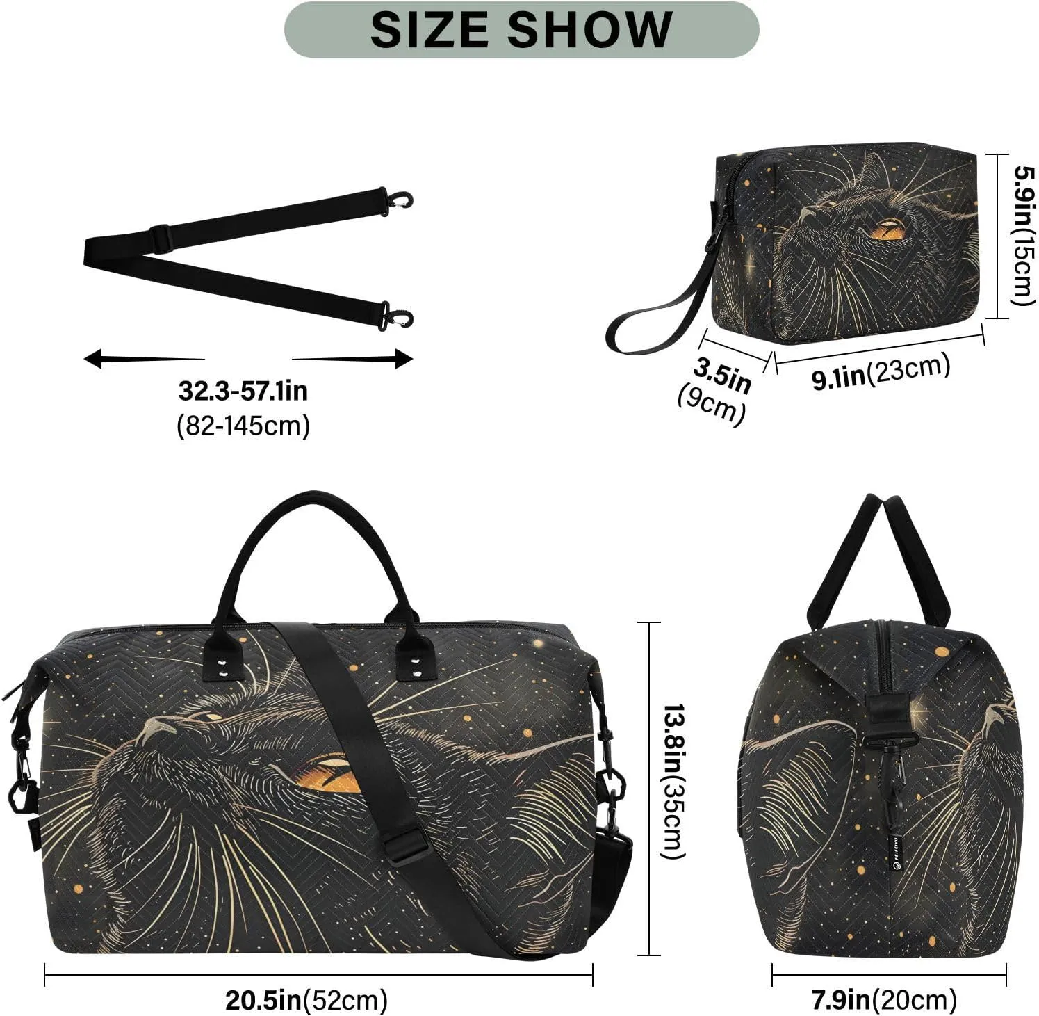 Cat Travel Duffle Bag Gym Bag, Starry Black Cat Weekender Bags for Women with Toiletry Bag Travel Tote Bag Swim Bag