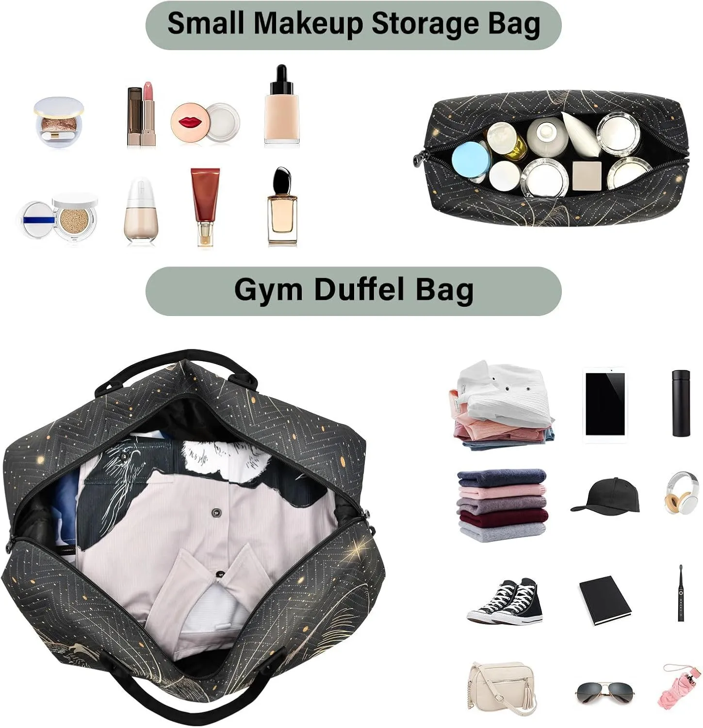 Cat Travel Duffle Bag Gym Bag, Starry Black Cat Weekender Bags for Women with Toiletry Bag Travel Tote Bag Swim Bag