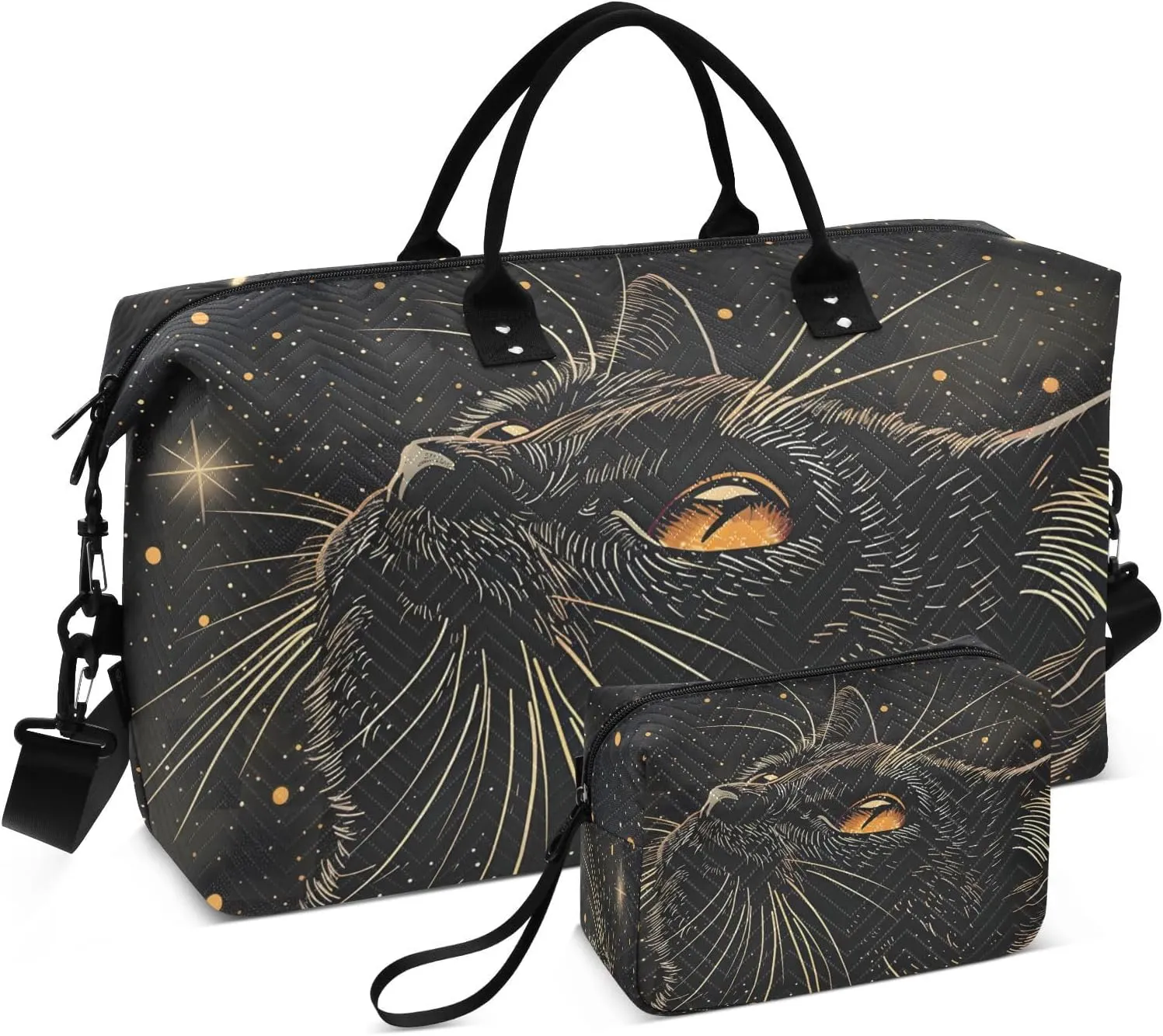 Cat Travel Duffle Bag Gym Bag, Starry Black Cat Weekender Bags for Women with Toiletry Bag Travel Tote Bag Swim Bag