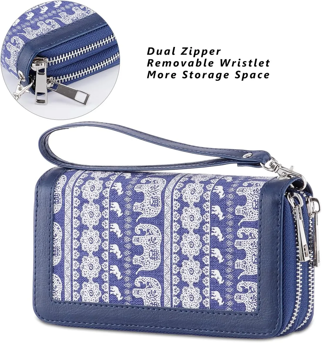 Cellphone Wallet for Women Dual Zipper Long Purse with Removable Wristlet