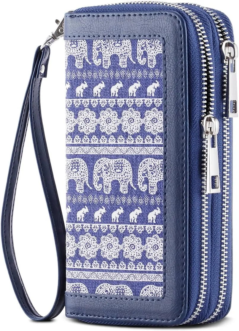 Cellphone Wallet for Women Dual Zipper Long Purse with Removable Wristlet