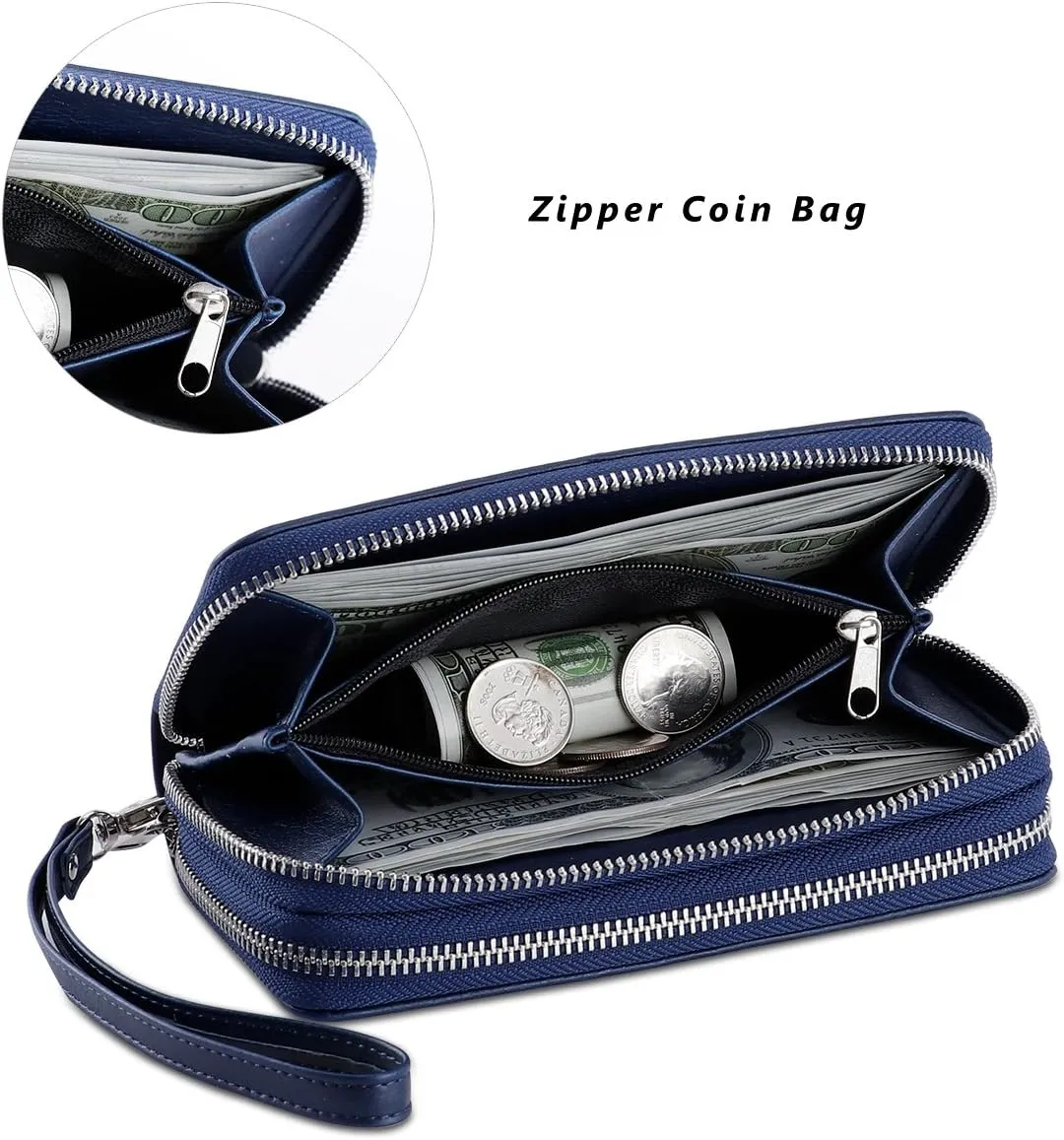 Cellphone Wallet for Women Dual Zipper Long Purse with Removable Wristlet