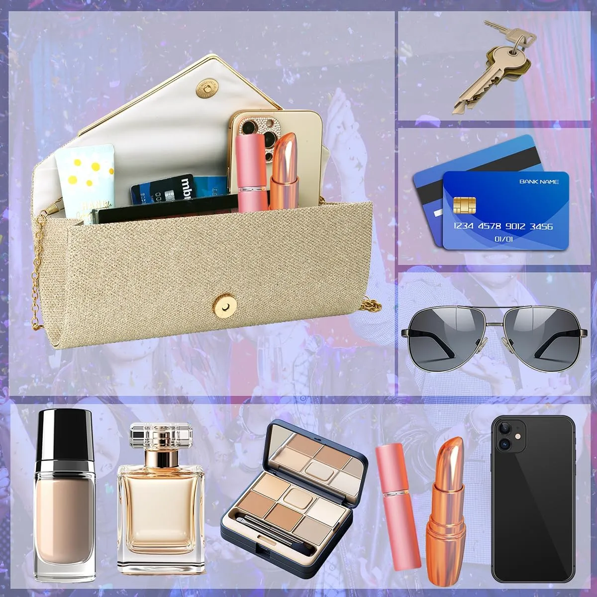 Clutch Purses for Women,Evening Bag Envelope Clutch with Detachable Chain Sparkle Elegance