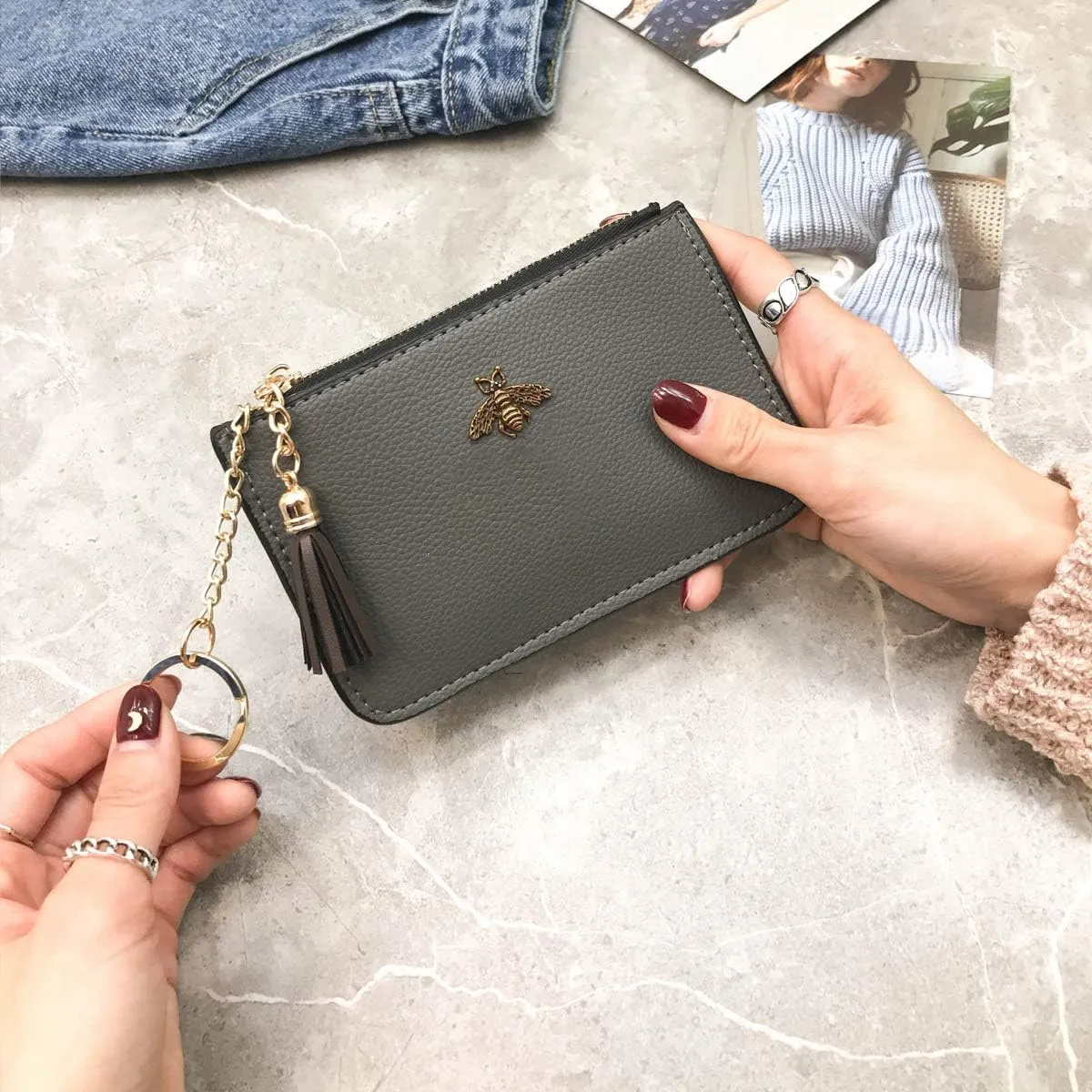 Coin Purse Change Wallet Pouch Leather Card Holder with Key Chain Tassel Zip(Grey)