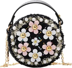 Forwe Little Girls Toddler Crossbody Purse with Pearl Flowers Mini Cute Princess Handbags Shoulder Chain Bag