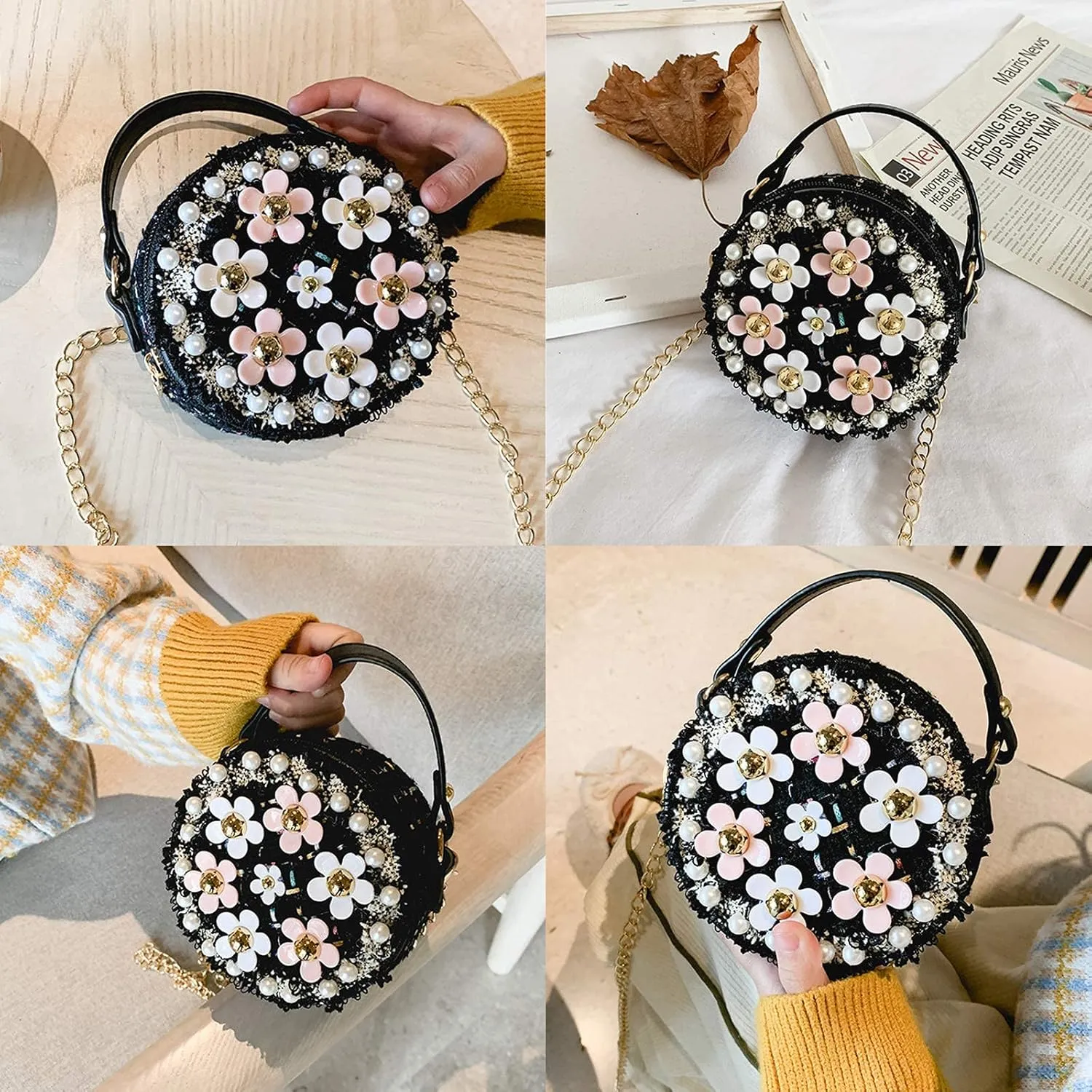 Forwe Little Girls Toddler Crossbody Purse with Pearl Flowers Mini Cute Princess Handbags Shoulder Chain Bag
