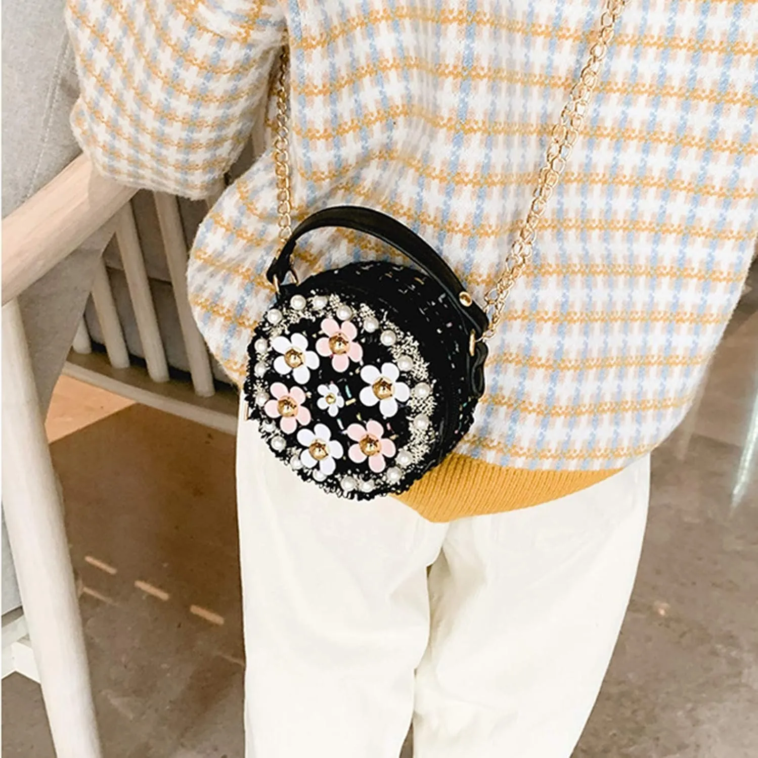 Forwe Little Girls Toddler Crossbody Purse with Pearl Flowers Mini Cute Princess Handbags Shoulder Chain Bag