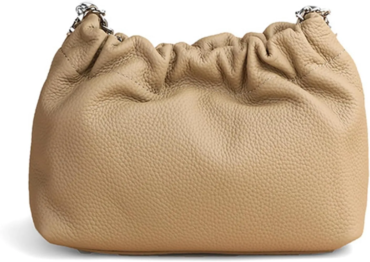Genuine Leather Bucket Bags and Purses for Women Drawstring Hobo and Shoulder Handbags with Chain Straps (Khaki)