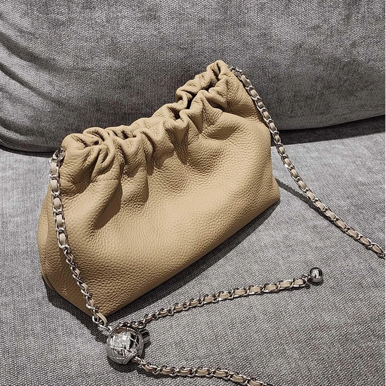 Genuine Leather Bucket Bags and Purses for Women Drawstring Hobo and Shoulder Handbags with Chain Straps (Khaki)
