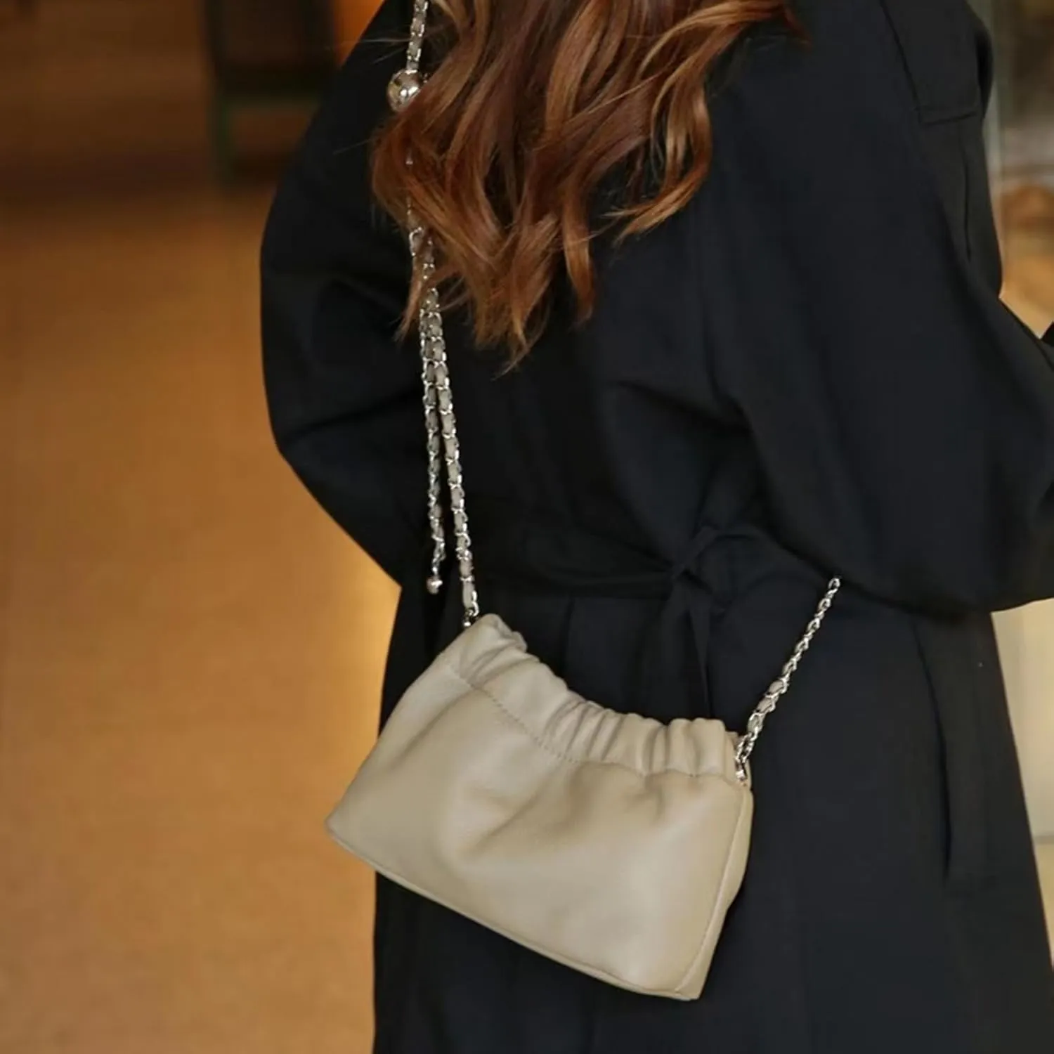 Genuine Leather Bucket Bags and Purses for Women Drawstring Hobo and Shoulder Handbags with Chain Straps (Khaki)