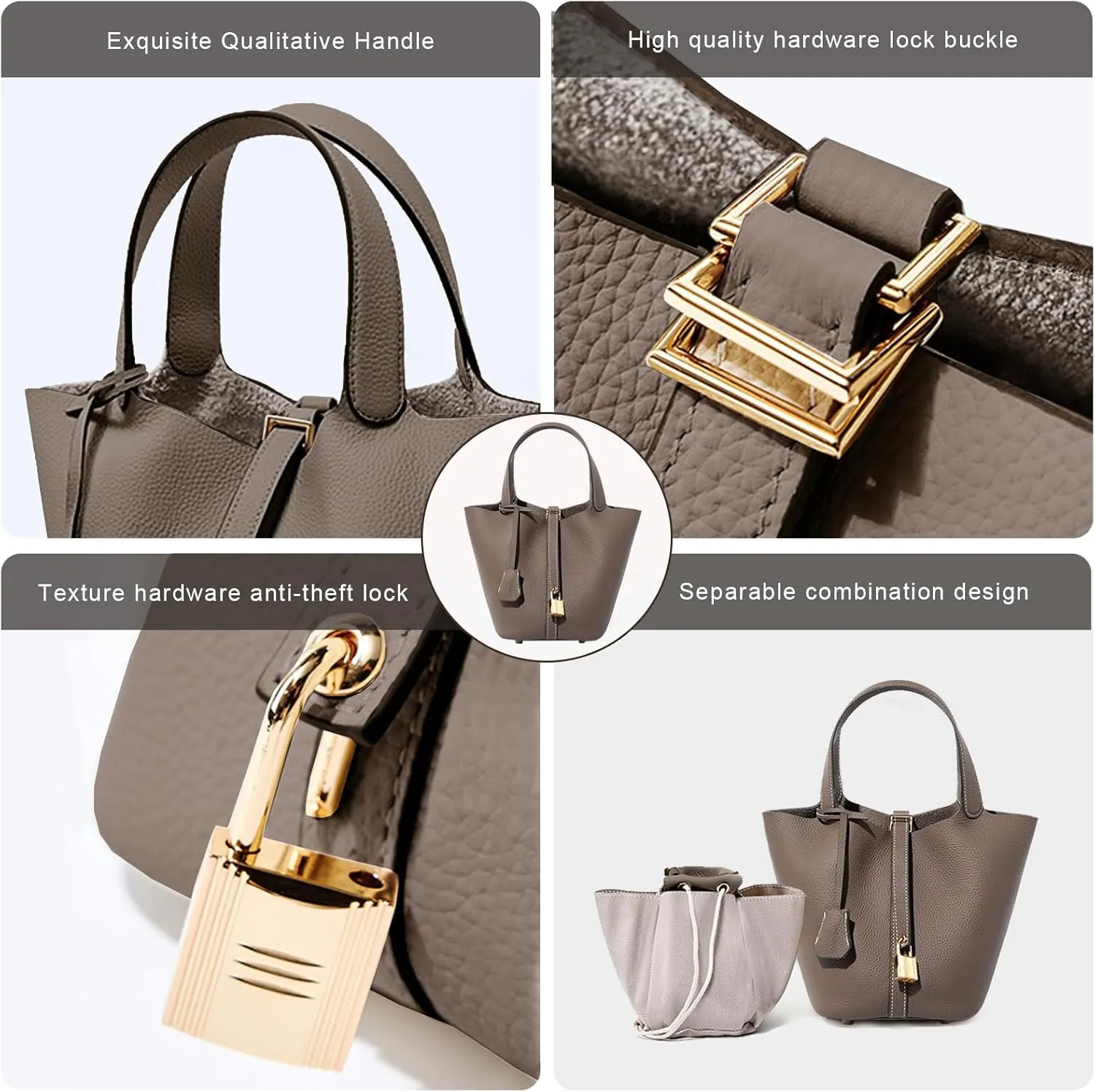 Genuine Leather Lock Design Bucket Bag Vegetable Basket, Versatile Shoulder Handbag Satchel Purses