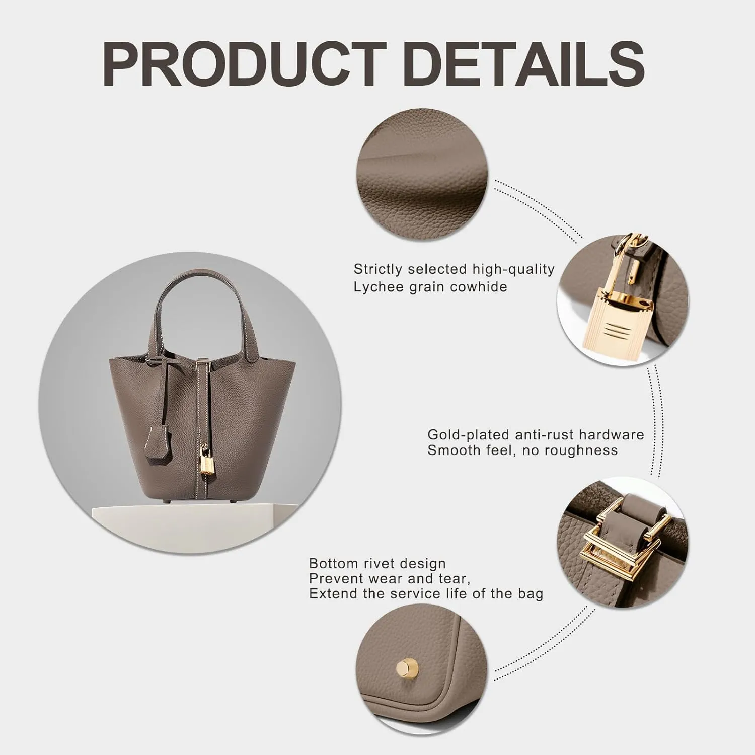 Genuine Leather Lock Design Bucket Bag Vegetable Basket, Versatile Shoulder Handbag Satchel Purses