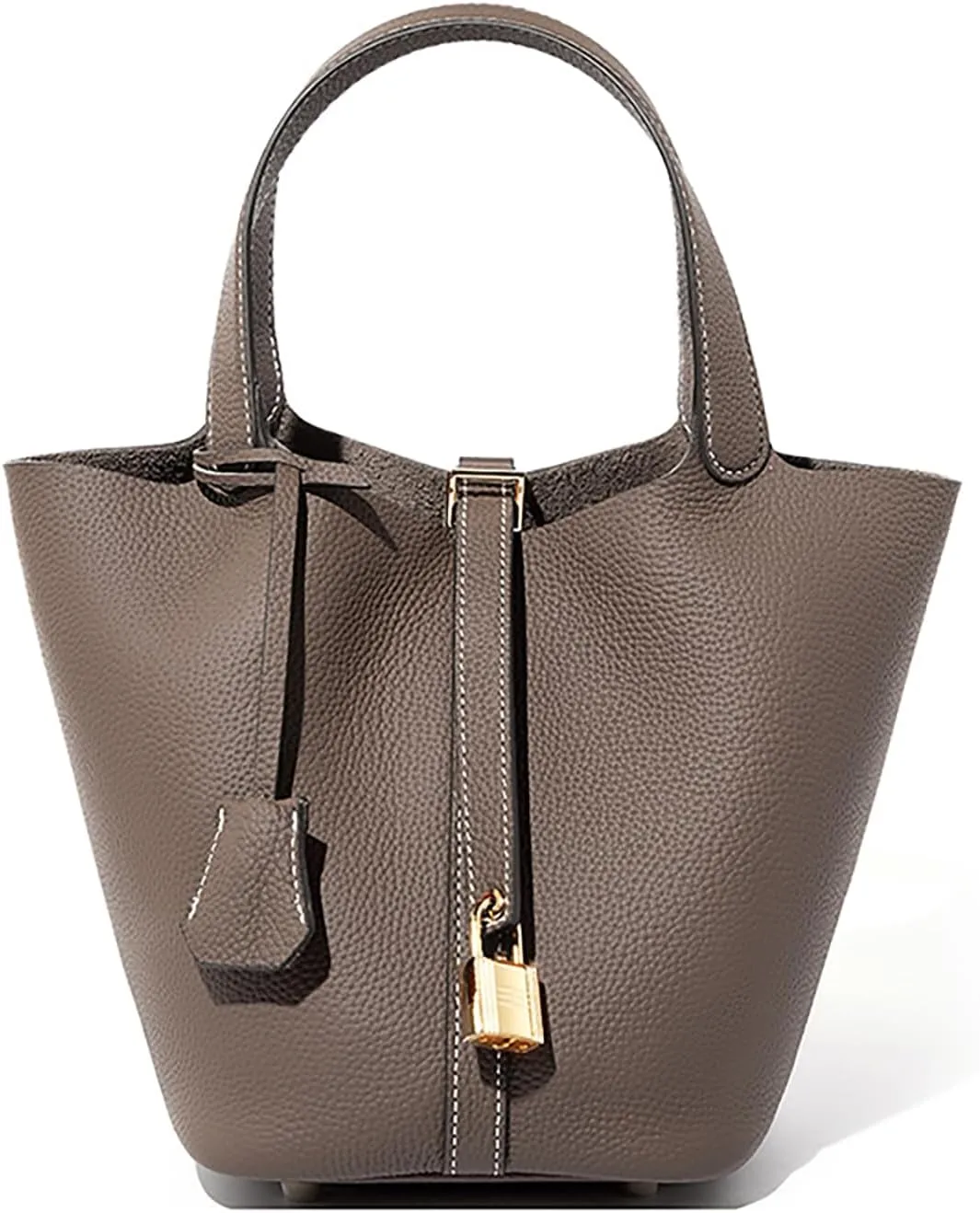 Genuine Leather Lock Design Bucket Bag Vegetable Basket, Versatile Shoulder Handbag Satchel Purses