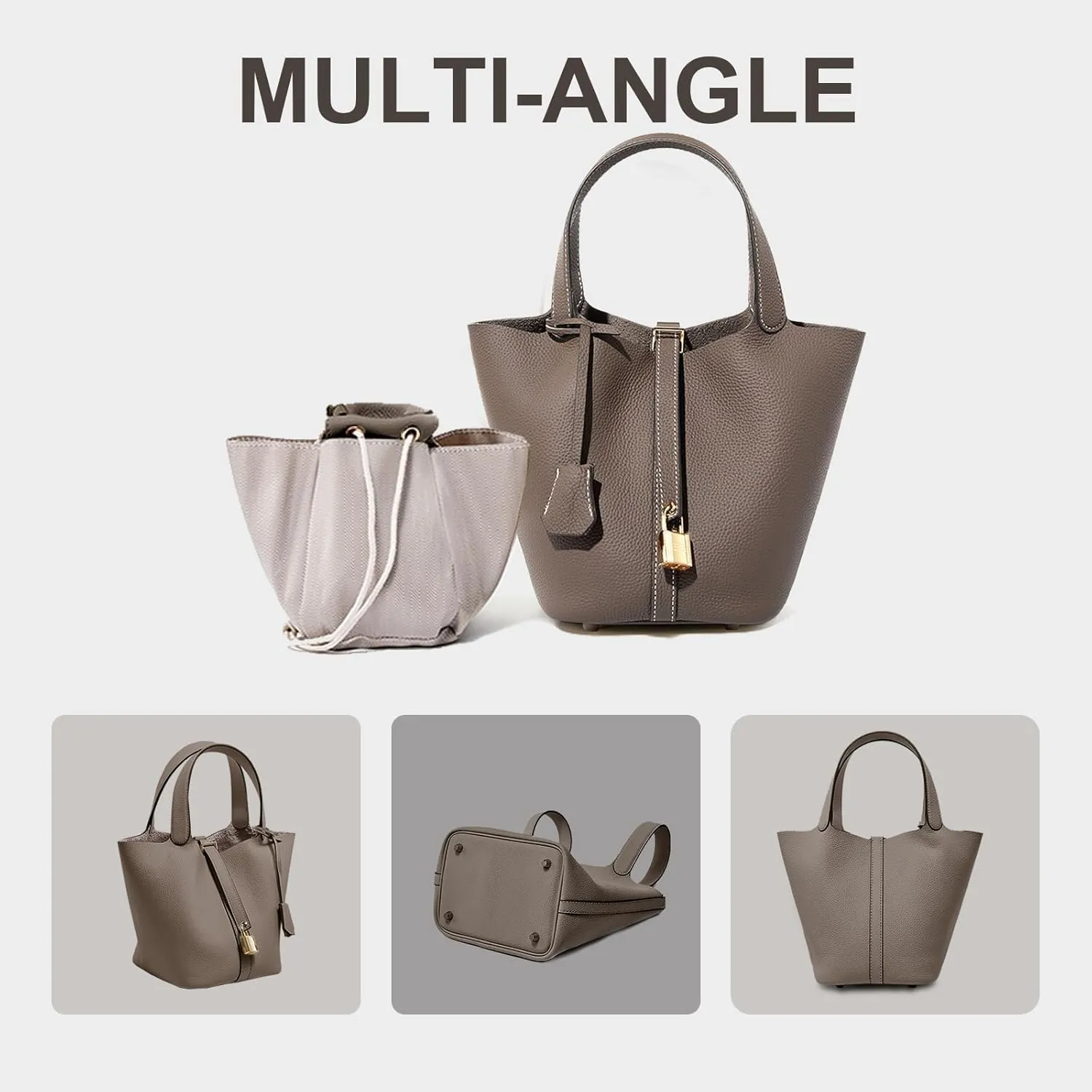 Genuine Leather Lock Design Bucket Bag Vegetable Basket, Versatile Shoulder Handbag Satchel Purses