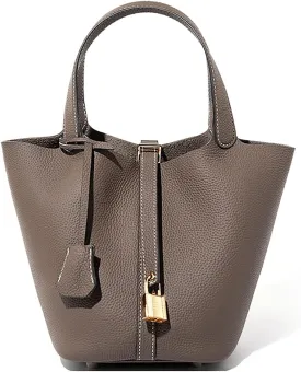 Genuine Leather Lock Design Bucket Bag Vegetable Basket, Versatile Shoulder Handbag Satchel Purses