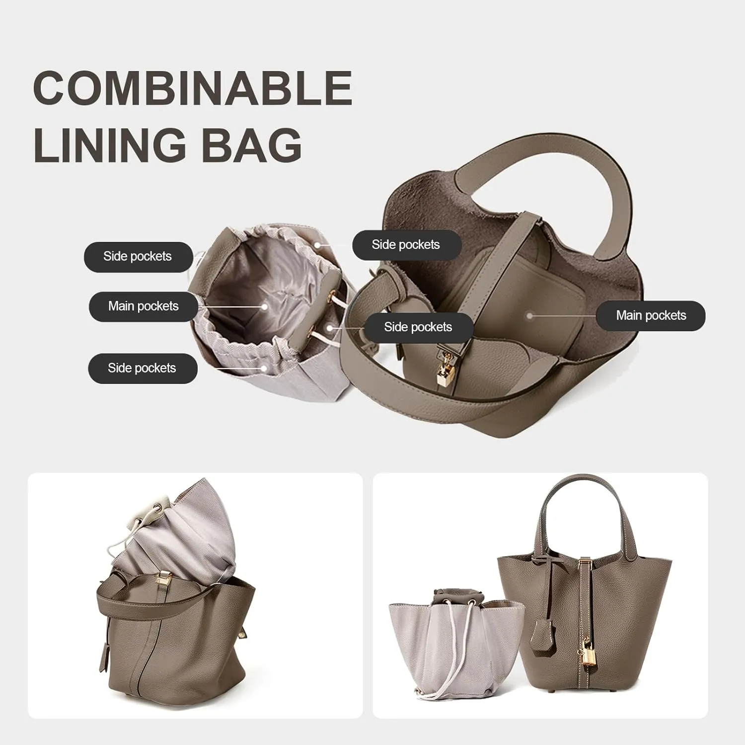 Genuine Leather Lock Design Bucket Bag Vegetable Basket, Versatile Shoulder Handbag Satchel Purses
