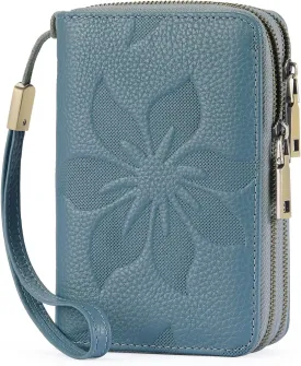 GOIACII Women's Wallet Double Zip Around Credit Card Holder Ladies Wallet Rfid Blocking Wristlet Purse Medium Size Leather Blue