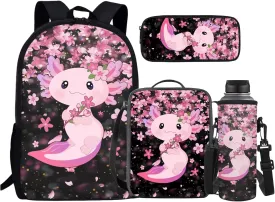 JEOCODY Cute Axolotl Kids Bookbag School Backpack with Lunch Box for Boys,Childrens Backpack for Girls School Bags with Pencil Case and Bottle Holder Set of 4 School Daypack Travel Bag Satchel Bagpack