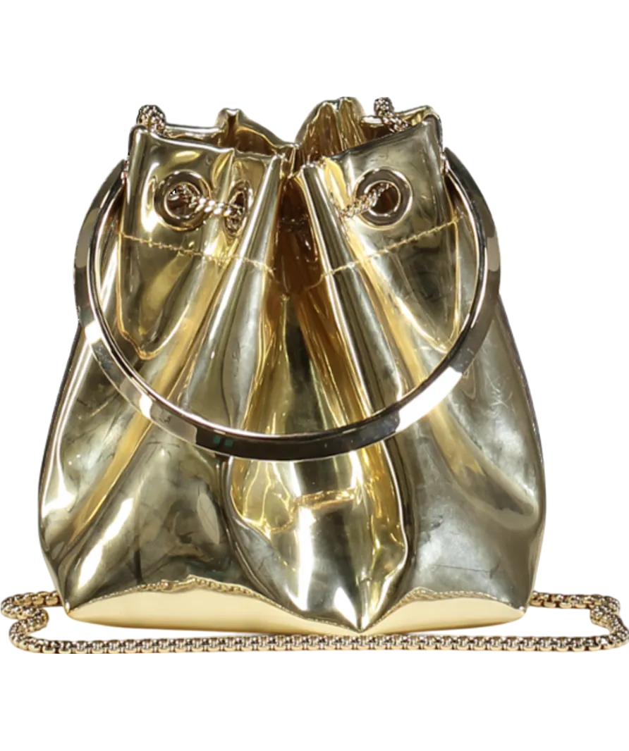 Jimmy Choo Gold Bon Bon Mirrored Leather Mini Bucket Bag with chain strap