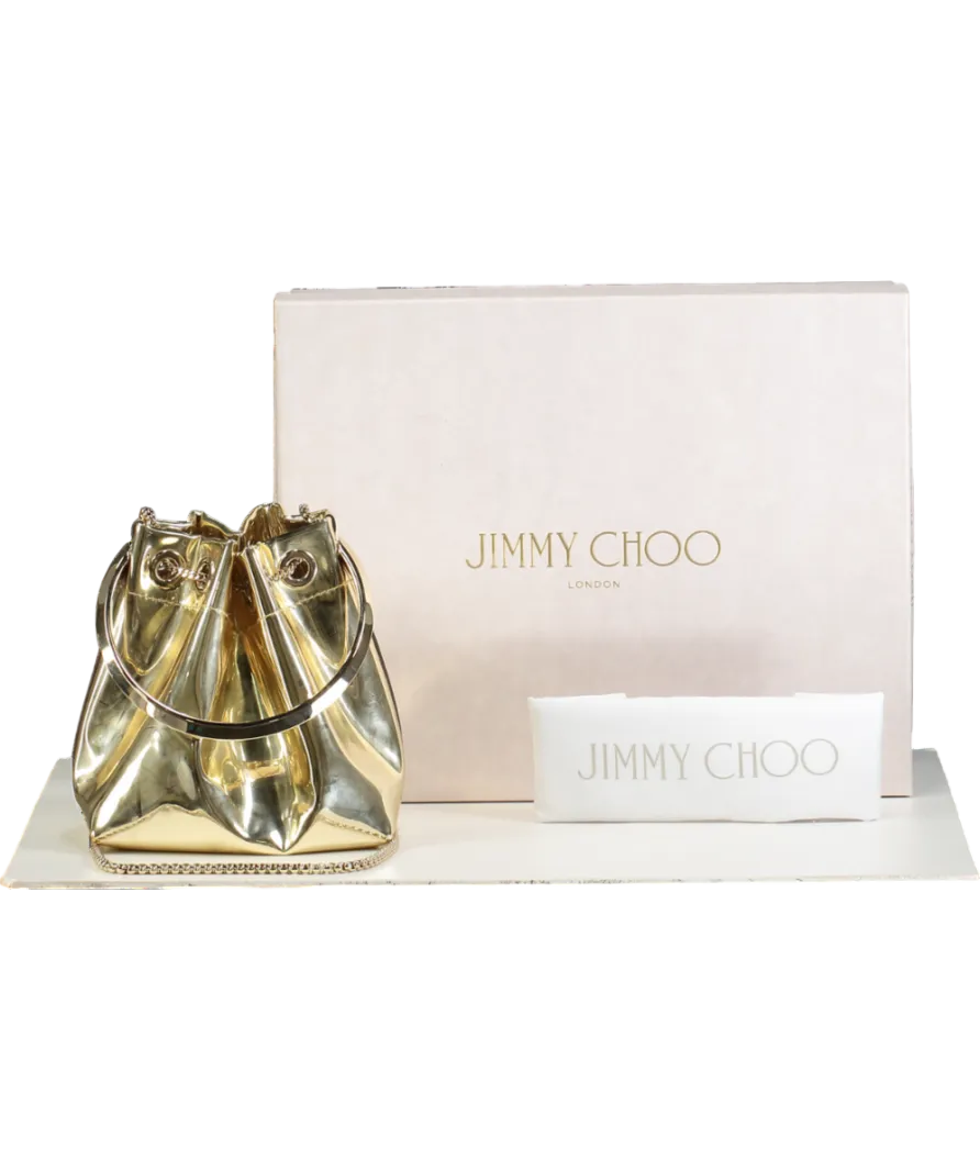 Jimmy Choo Gold Bon Bon Mirrored Leather Mini Bucket Bag with chain strap