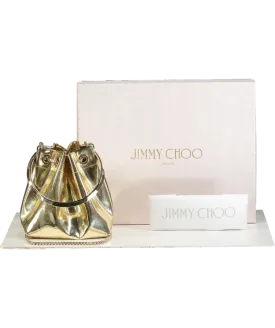 Jimmy Choo Gold Bon Bon Mirrored Leather Mini Bucket Bag with chain strap